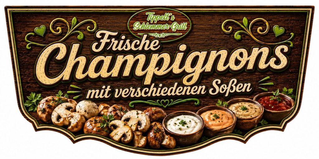 Schild Frische Champignons mit verschiedenen Soßen
