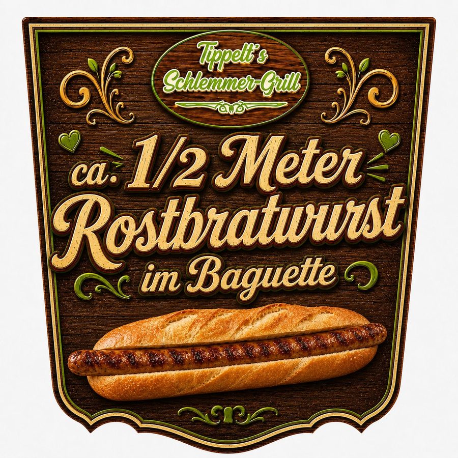Schild ca. 1/2 Meter Rostbratwurst im Baguette