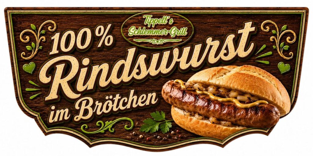 Schild 100 % Rindswurst im Brötchen